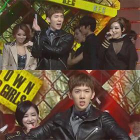 โจควอน (Jo Kwon) แสดงความยินดีกับวง Brown Eyed Girls ในรายการ Inkigayo 